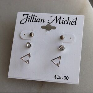 Pack of 3 Earrings Silver Tone Triangle Crystal & Ball Stud Earrings
